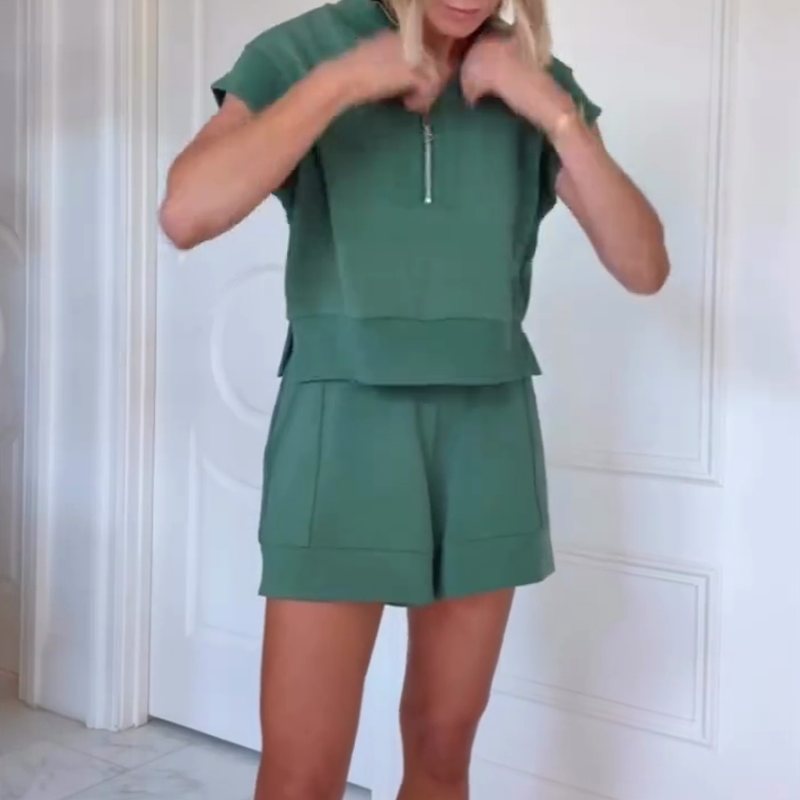 Buttery Touch Half-Zip Short Sleeve Sweatshirt and Elastic Waist Pocket Casual Shorts Set